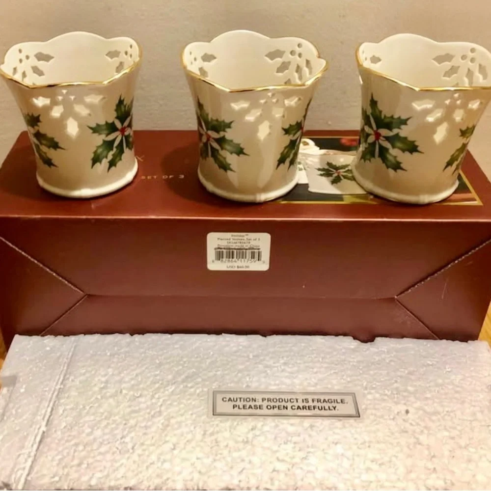 Lenox Holiday Holly Porcelain Pierced Votives Set of 3 Pieces